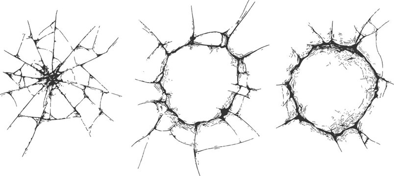 Hand drawn sketch set of shattered broken glass cracks and bullet hole fractures texture vector illustration.