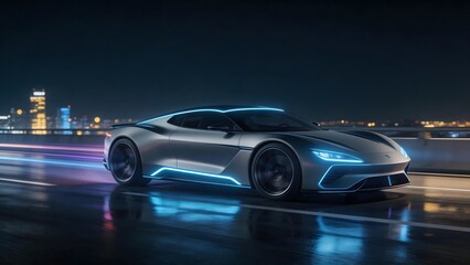 Fototapeta premium Futuristic car on city road at night