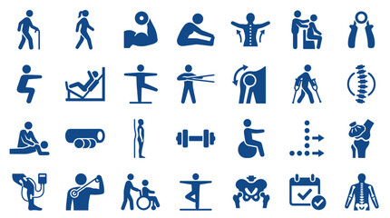 Collection of blue medical and physiotherapy icons representing health rehabilitation exercises and physical therapy treatments for recovery and wellness © Iconique Studio