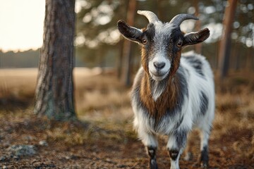 Fototapeta premium Curious young goat with short horns and a beard stands still outdoors in a forest setting bathed in natural light