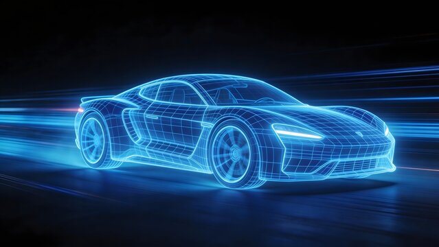 Blue wireframe sports car in motion