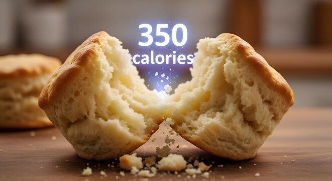 Close up of a broken muffin with 350 calorie count displayed digitally