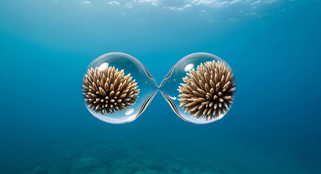 Sea urchins in glass orbs underwater