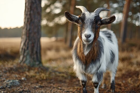 Curious young goat with short horns and a beard stands still outdoors in a forest setting bathed in natural light