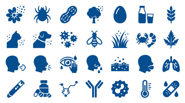 Allergy symptoms and triggers icons set showing common allergens like pollen food pets and medical treatment for allergic reactions and respiratory issues