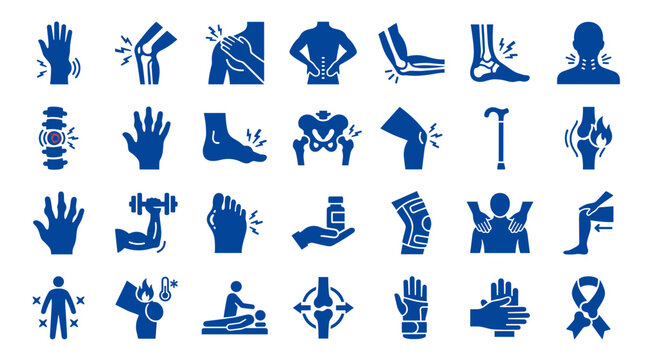 Collection of blue icons representing various body pains injuries and medical conditions affecting joints muscles and bones health care concept