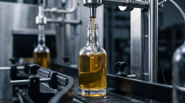Close-up of a clear glass bottle being filled with liquid on a high-speed conveyor belt in a modern automated factory, minimalist industrial production concept