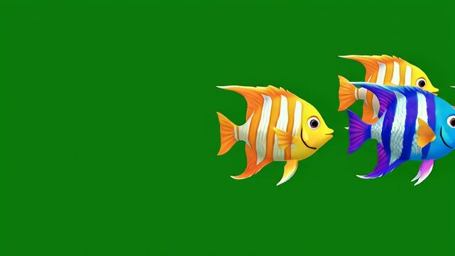 A vibrant group of cartoon fish swim gracefully across a bright green screen, showcasing a playful and colorful underwater scene.