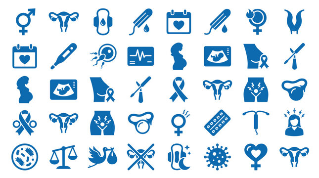 Collection of blue medical and reproductive health icons representing women's health, pregnancy, and fertility symbols on a white background