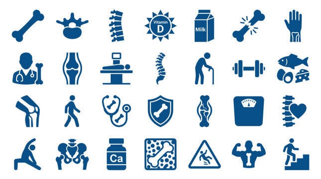 Bone health icons set representing medical care, healthy lifestyle, exercise, nutrition and aging for osteoporosis prevention and wellness
