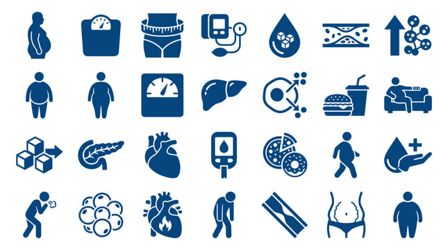 Collection of icons representing health issues like obesity diabetes heart disease and unhealthy lifestyle choices