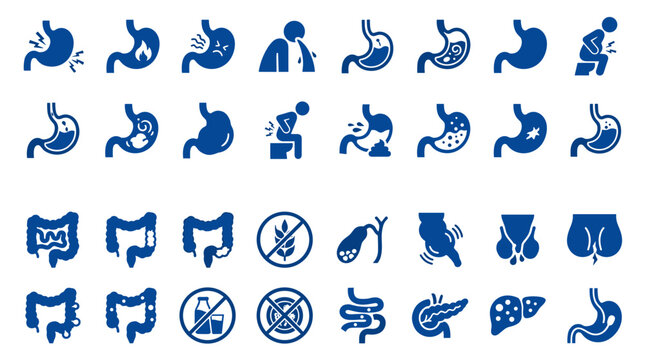 Digestive system health icons representing stomach intestine and liver issues and conditions with medical symbols