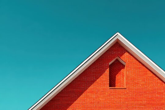 Red brick house gable against a clear, bright turquoise blue sky background. Use this image for real estate or construction concepts, architecture and design.
