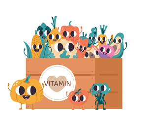 Fototapeta premium Fresh cartoon vegetables in wooden box. Agriculture poster with funny pumpkin, broccoli, tomato, pepper, carrot, corn. Farm food vector background