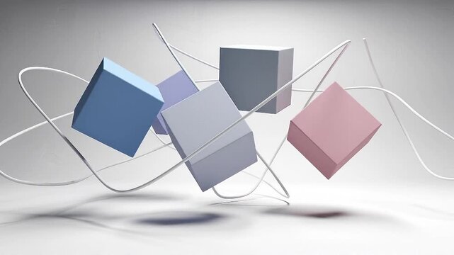 Soft Pastel Cubes and White Wires Intertwined in a Minimalist 3D Composition with Subtle Shadows and a Light Gray Background