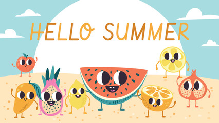 Obraz premium Summer poster with funny cartoon fruits. Groovy watermelon, orange, lemon, apple and mango on sand. Seasonal vacations, vector juicy background