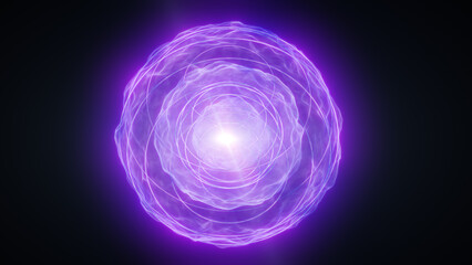 Glowing purple energy orb with swirling orbit lines and radiant core flare, futuristic digital technology abstraction on dark background © Bolbik