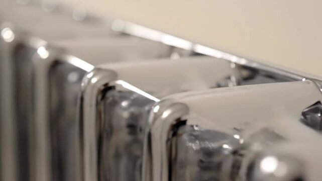 Close up of a modern chrome radiator with reflective surface. Polished silver heating fixture in a contemporary home. HVAC and interior design concept