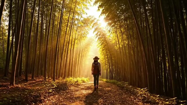 Rear view of a woman with a backpack and sun hat walking along a path through a dense bamboo forest with warm golden sunlight and dramatic sunbeams.