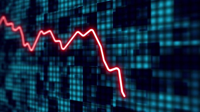 Illustrated concept of glowing red line graph decreasing at fast rate showing stock market crash, financial crisis, economic recession, and rapid investment decline visualization