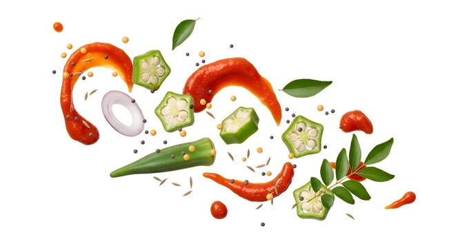 Fresh ingredients for gumbo and creole cuisine exploding in motion