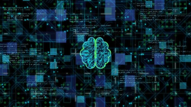 Digital brain artificial intelligence concept showing neural network code, cognitive machine learning algorithm, futuristic cyberspace interface, automated data processing, and computing system