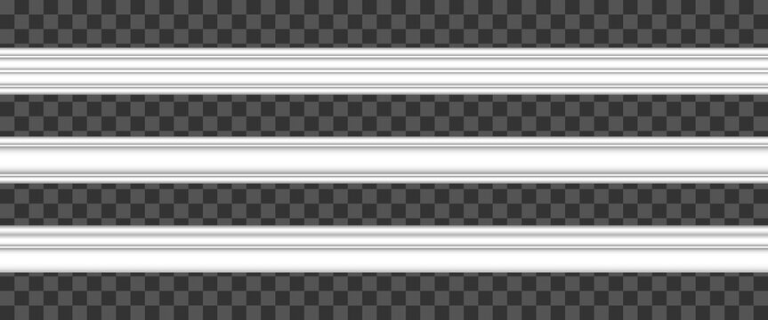 Realistic white molding baseboard vector set for home or office interior decor empty border frame trim work wooden moulding board ceiling, wall decorative modern indoor design domestic paneling.