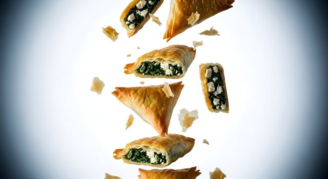 Delicious spanakopita triangles falling and floating against a white background