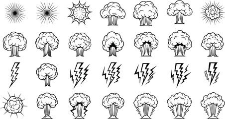 Action Comic Illustration Set Featuring Mushroom Cloud Explosions, Sharp Lightning Bolts, and Dynamic Starburst Elements for Graphic Novels and Pop Art Designs © MDMASUD