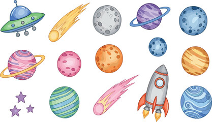 Colorful Outer Space Illustration Set Featuring Cartoon Planets, Rockets, UFO Saucers, Comets, and Stars for Childrens Education, Science Projects, and Galaxy Themed Graphics © MDMASUD