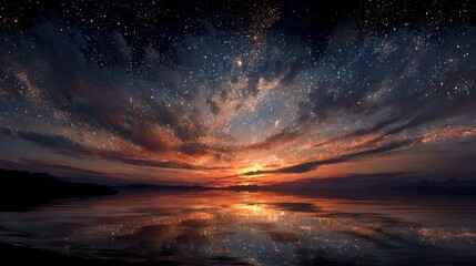 Fototapeta premium Gorgeous sunset reflecting on calm sea, stars twinkling above. Use this celestial vista to enhance fantasy or romantic projects.