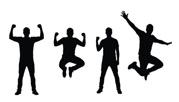 Celebration silhouette vector illustration of four men jumping joyfully with arms raised