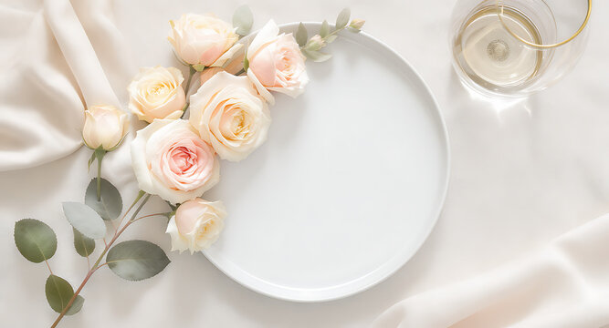 Elegant flat lay with roses and plate on silk fabric.