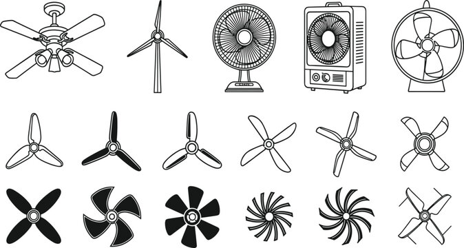 Mechanical Fan and Propeller Blade Icon Set Featuring Ceiling Fans, Wind Turbines, Portable Desk Fans, and Diverse Aerodynamic Rotor Designs