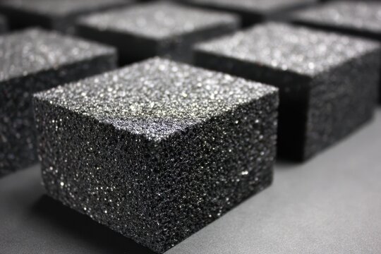 Black soundproofing foam cubes with sparkling texture sit in a grid. Use this image for audio insulation, or geometric background designs.
