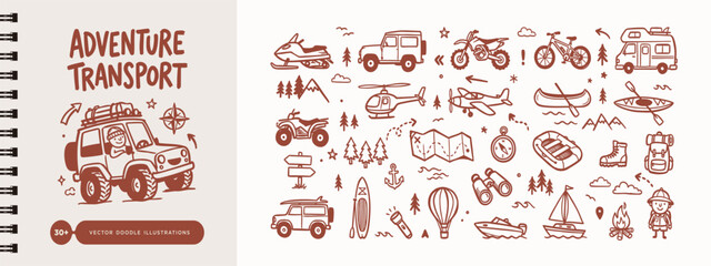 Large collection of hand-drawn adventure transport and camping icons including vehicles, boats, bikes, and outdoor gear in a brown doodle style vector format. © Studio181