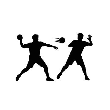 Two men playing dodgeball silhouette throwing and dodging ball.