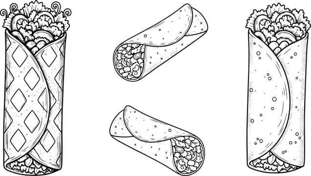 Vintage Hand Drawn Burrito and Shawarma Illustration Set Featuring Tortilla Wraps with Meat and Vegetables for Mexican Restaurant Menus and Street Food Branding