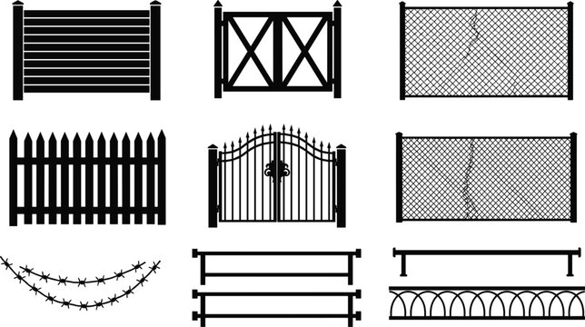 Comprehensive Fence and Gate Silhouette Collection Featuring Picket Fencing, Chain Link Barriers, Barbed Wire, and Ornamental Metal Gate Designs