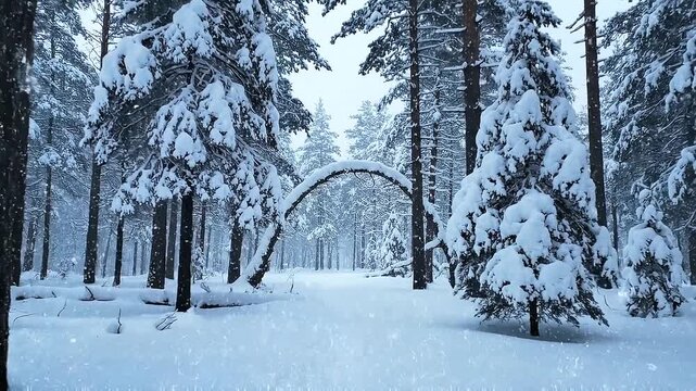 Snow-Covered Pine Forest with a Natural Archway and Falling Snowflakes macro