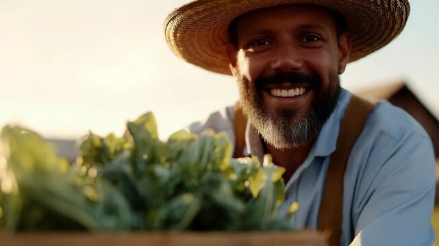 A farmer stands in a field during sunset, holding a wooden crate full of greens. He smiles and shows his crop with pride. The golden light highlights his work