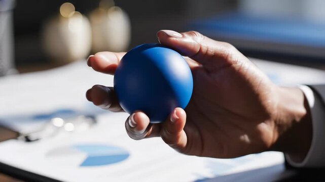 Hand squeezing a blue stress ball in an office setting. Business professional managing work pressure and financial anxiety. Corporate stress relief and focus concept