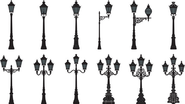 Black silhouette vector illustration of ornate street lamp designs with multiple lanterns, decorative bases, scrollwork,