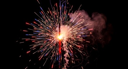 Fototapeta premium Vibrant Fireworks Explode in Night Sky on 4th of July Celebrating American Independence with Red Blue and Orange Sparks