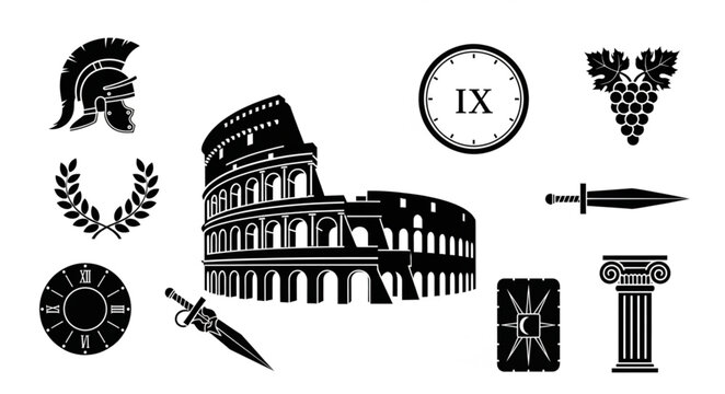 Ancient Roman Colosseum with Historical Symbols and Artifacts.