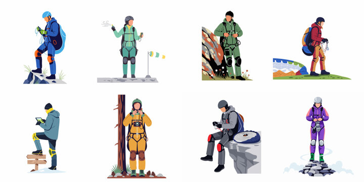 A collection of eight paragliders and base jumpers in various gear and environments, preparing for flight or landing in a flat vector style.