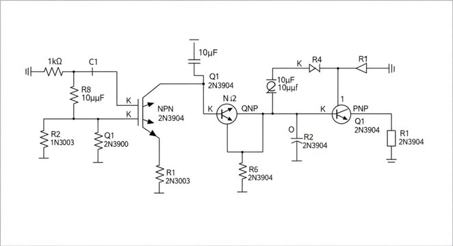 A detailed black and white electronic circuit schematic diagram with various components like transistors and resistors.