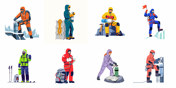 Collection of mountaineers and arctic explorers in specialized gear with oxygen tanks, ropes, and equipment for extreme cold mountain environments.