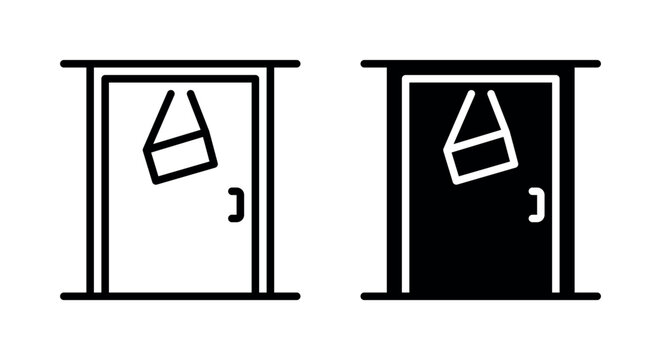 Door icon with hanging sign in outline and solid style for shop entrance or business office