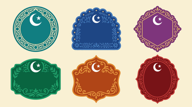 Islamic crescent moon decorative shapes icons.